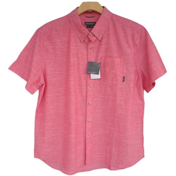 NWT Eddie Bauer Men’s Red Chambray Cotton Short Sleeve Button Down Shirt Size L - Picture 1 of 11